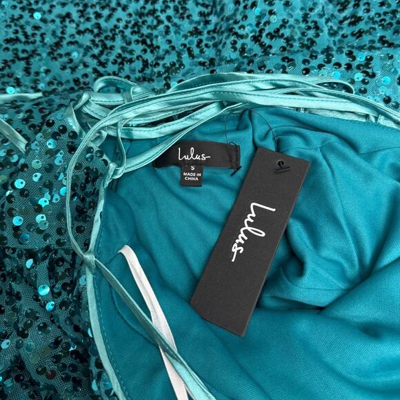 Lulus Glowing Praise Teal Blue Sequin Lace-Up Maxi Dress size Small NWT - Picture 2 of 8
